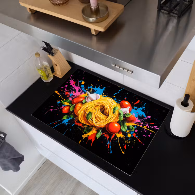 Spaghetti - Graffiti - Verf - Kleurrijk - Eten - Modern Inductie beschemer met haakjes klein -sfeer1