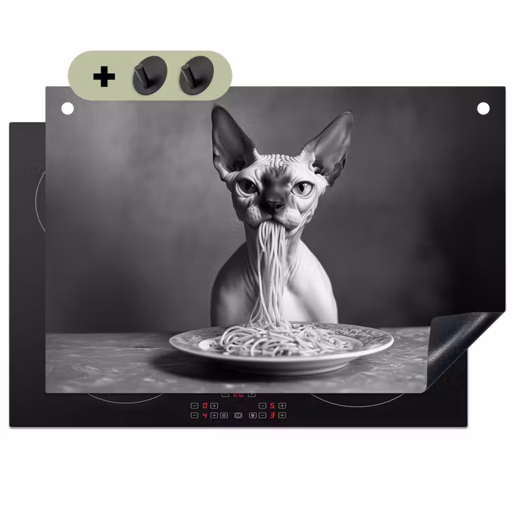 Sphynx - Kat - Dieren - Humor - Spaghetti - Zwart Wit Inductie beschemer met haakjes klein -3d