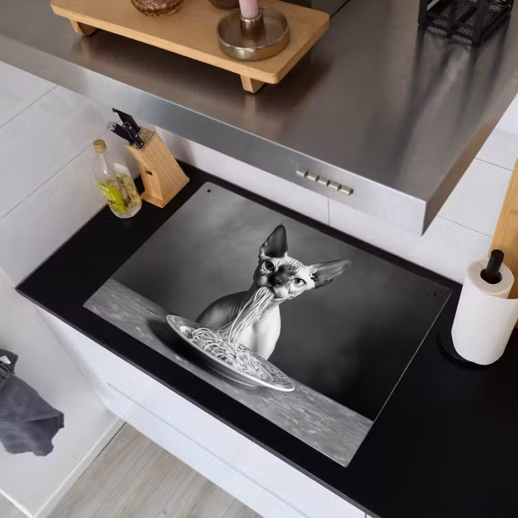 Sphynx - Kat - Dieren - Humor - Spaghetti - Zwart Wit Inductie beschemer met haakjes klein -sfeer1