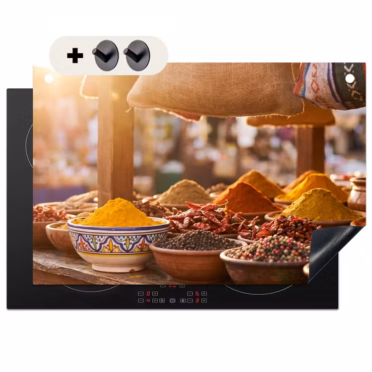 Induction Hob Cover & Splashback (2-in-1) - Spices - Market - Colorful - Specerijen - Markt - Kleurrijk Inductie beschemer met haakjes klein