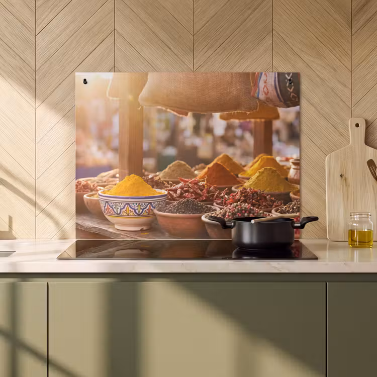 Induction Hob Cover & Splashback (2-in-1) - Spices - Market - Colorful - Specerijen - Markt - Kleurrijk Inductie beschemer met haakjes klein