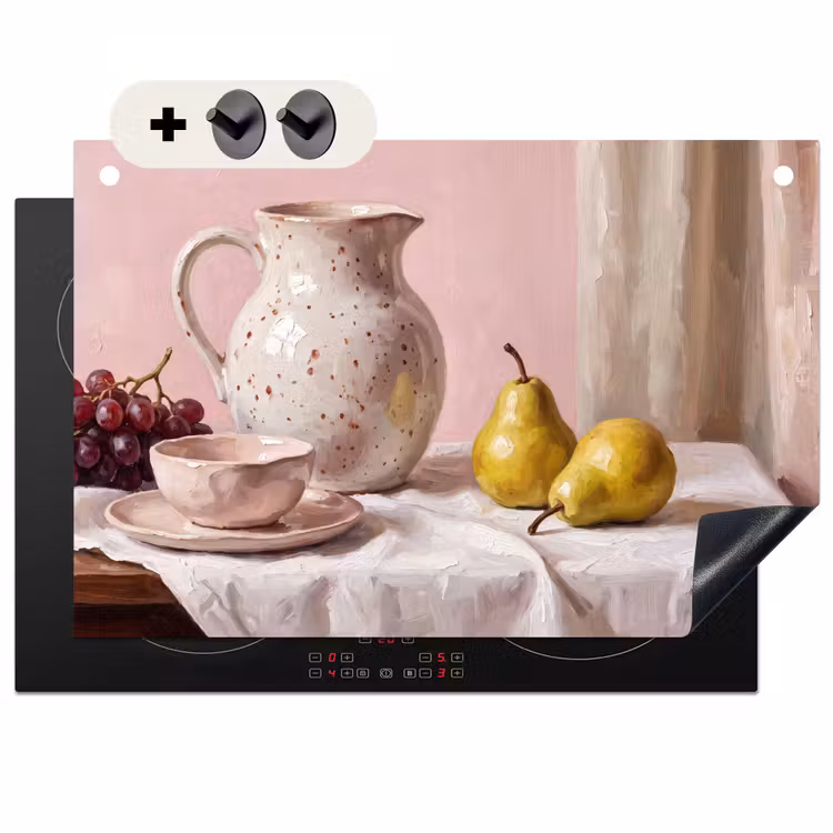 Induction Hob Cover & Splashback (2-in-1) - Still Life - Fruit - Pink - Stilleven - Fruit - Roze Inductie beschemer met haakjes klein