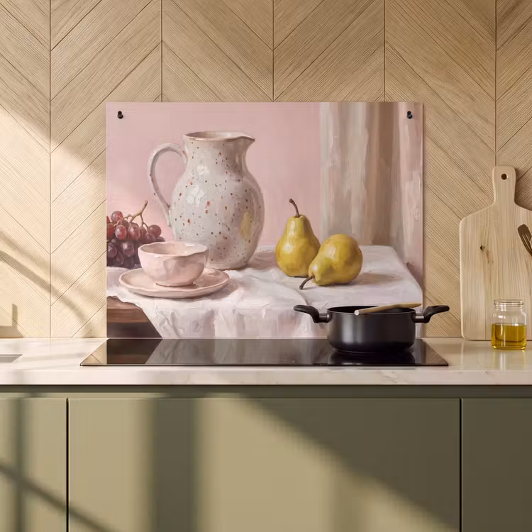 Induction Hob Cover & Splashback (2-in-1) - Still Life - Fruit - Pink - Stilleven - Fruit - Roze Inductie beschemer met haakjes klein