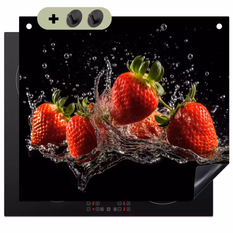 Aardbeien - Fruit - Rood - Water - Zwart Inductie beschemer met haakjes middel -3d