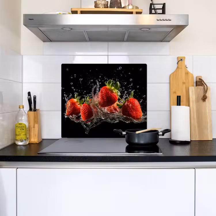 Aardbeien - Fruit - Rood - Water - Zwart Inductie beschemer met haakjes middel -sfeer2