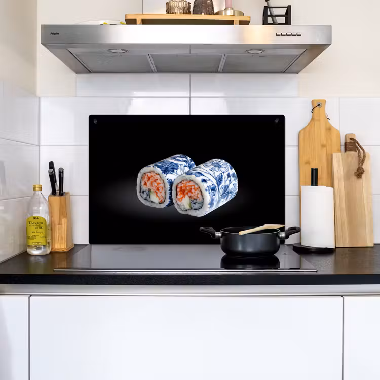 Sushi - Delfts blauw - Rijst - Vis - Elegant Inductie beschemer met haakjes klein -sfeer2