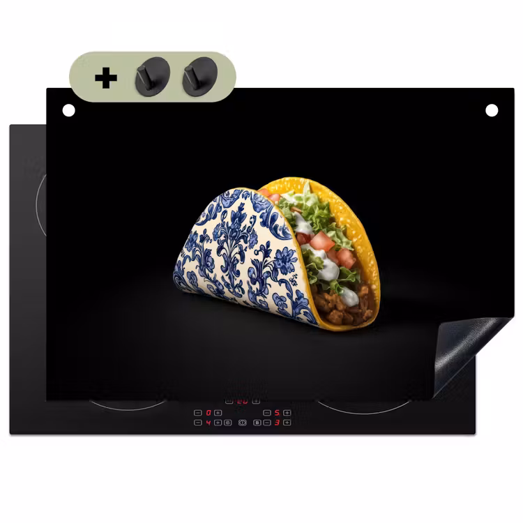 Taco - Vlees - Salade - Delftsblauw - Motief Inductie beschemer met haakjes klein -3d