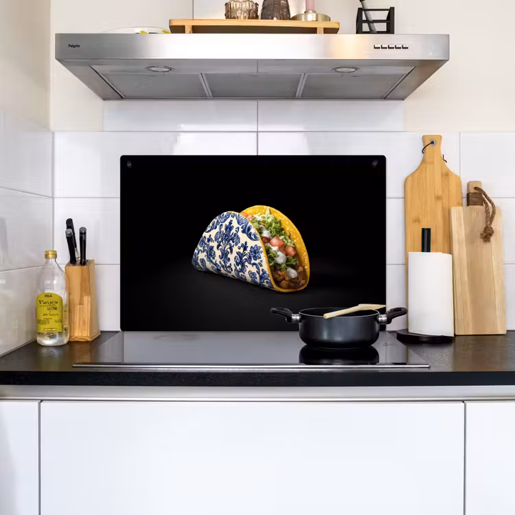 Taco - Vlees - Salade - Delftsblauw - Motief Inductie beschemer met haakjes klein -sfeer2