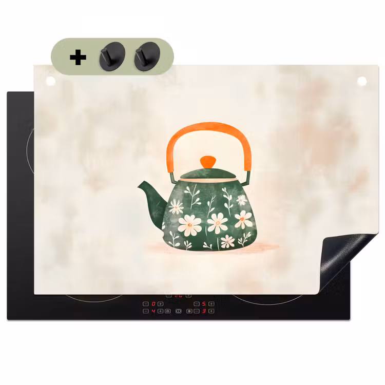 Theepot - Groen - Bloemen - Oranje Inductie beschemer met haakjes klein -3d