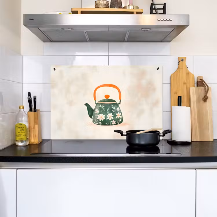 Theepot - Groen - Bloemen - Oranje Inductie beschemer met haakjes klein -sfeer2