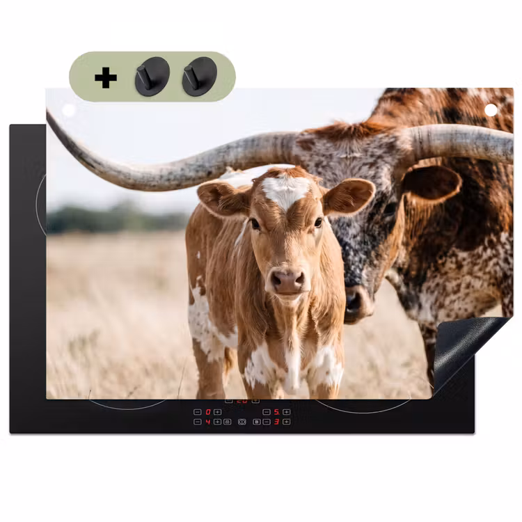 Texas Longhorn - Kalf - Weide - Dieren Inductie beschemer met haakjes klein -3d
