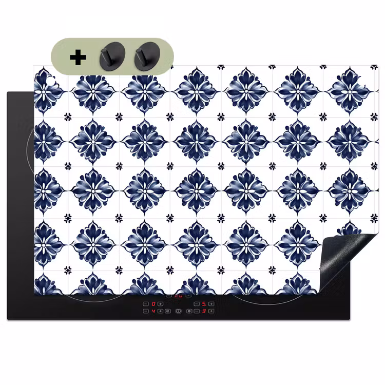 Tegelmotief - Blauw - Wit - Bloem Inductie beschemer met haakjes klein 777 -3d