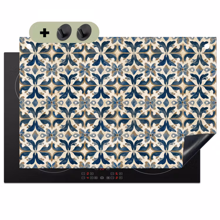 Tegel - Patroon - Blauw - Beige Inductie beschemer met haakjes klein 777 -3d