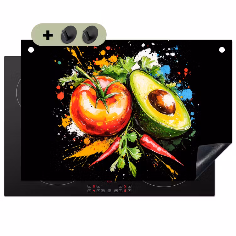 Tomaat - Avocado - Peper - Graffiti - Verf - Modern Inductie beschemer met haakjes klein -3d