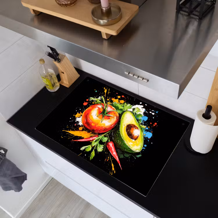 Tomaat - Avocado - Peper - Graffiti - Verf - Modern Inductie beschemer met haakjes klein -sfeer1