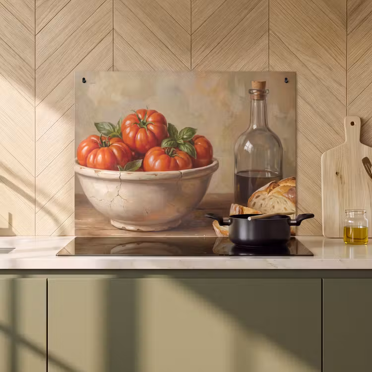 Induction Hob Cover & Splashback (2-in-1) - Tomatoes - Bowl - Food - Tomaten - Kom - Eten Inductie beschemer met haakjes klein