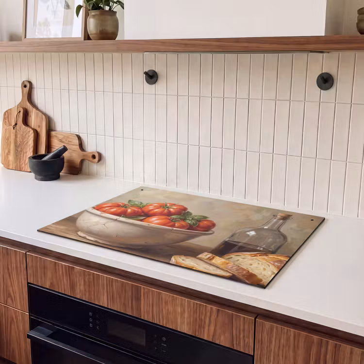 Induction Hob Cover & Splashback (2-in-1) - Tomatoes - Bowl - Food - Tomaten - Kom - Eten Inductie beschemer met haakjes klein