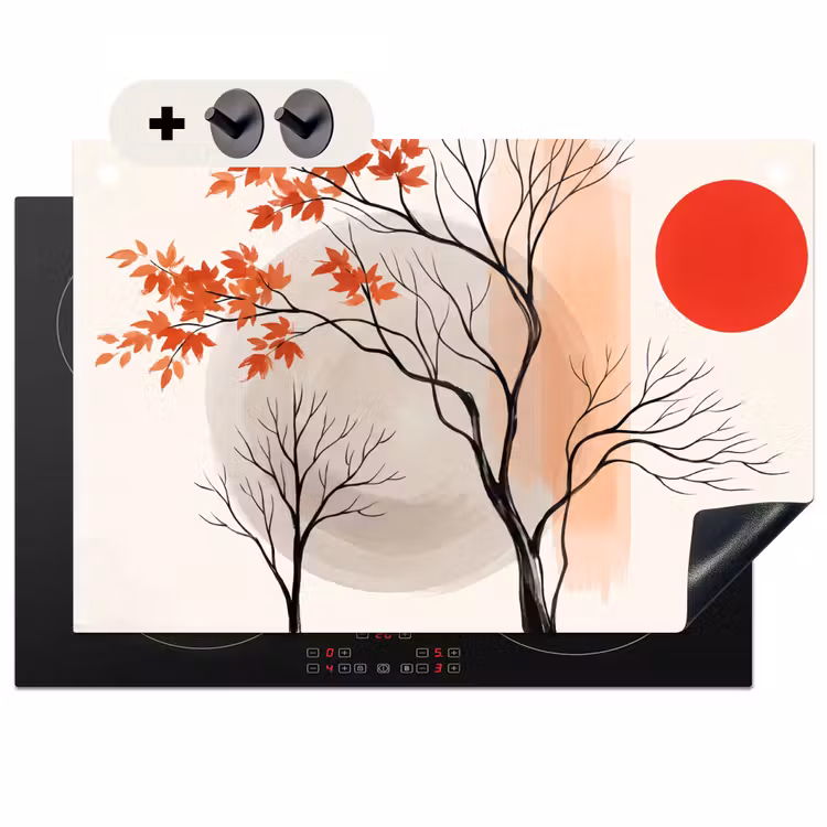 Induction Hob Cover & Splashback (2-in-1) - Tree - Red - Abstract - Boom - Rood - Abstract Inductie beschemer met haakjes klein