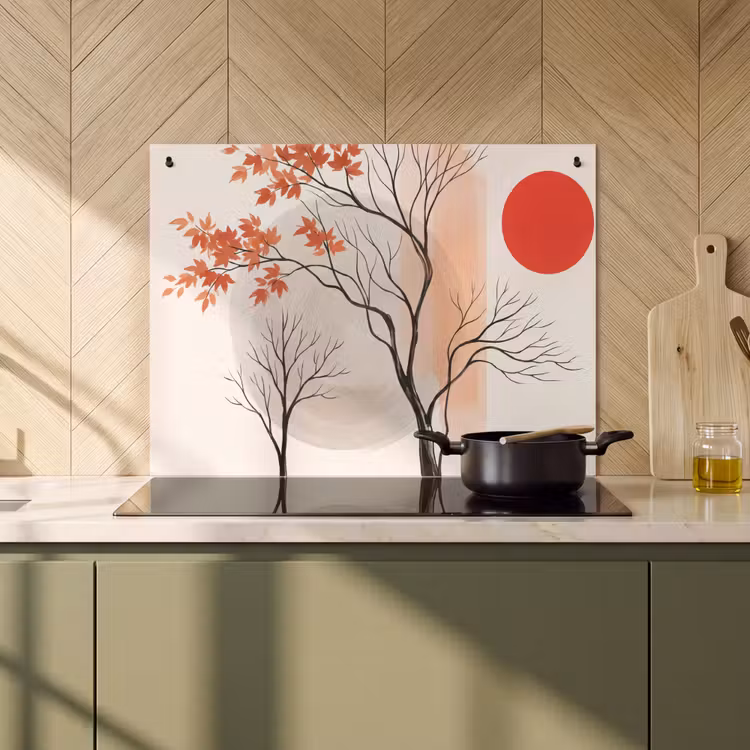 Induction Hob Cover & Splashback (2-in-1) - Tree - Red - Abstract - Boom - Rood - Abstract Inductie beschemer met haakjes klein