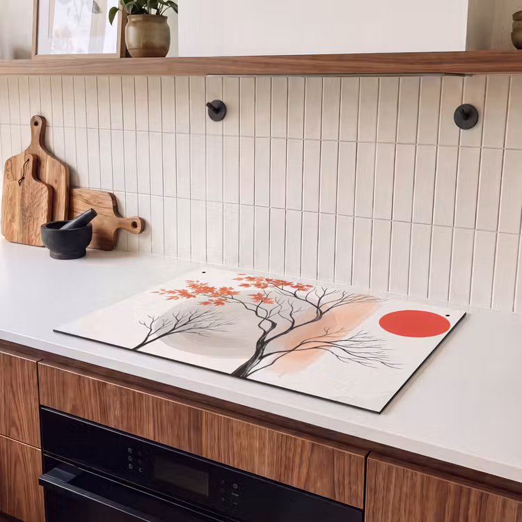 Induction Hob Cover & Splashback (2-in-1) - Tree - Red - Abstract - Boom - Rood - Abstract Inductie beschemer met haakjes klein