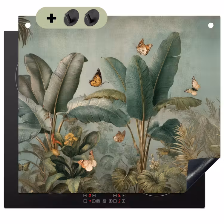Tropisch bladerdek - Vlinders - groen - Bruin Inductie beschemer met haakjes middel -3d