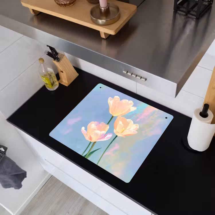 Tulpen - Roze accenten - Blauw Inductie beschemer met haakjes middel -sfeer1