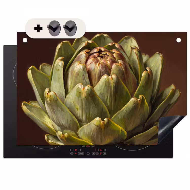 Induction Hob Cover & Splashback (2-in-1) - Vegetable - Artichoke - Green - Groente - Artisjok - Groen Inductie beschemer met haakjes klein