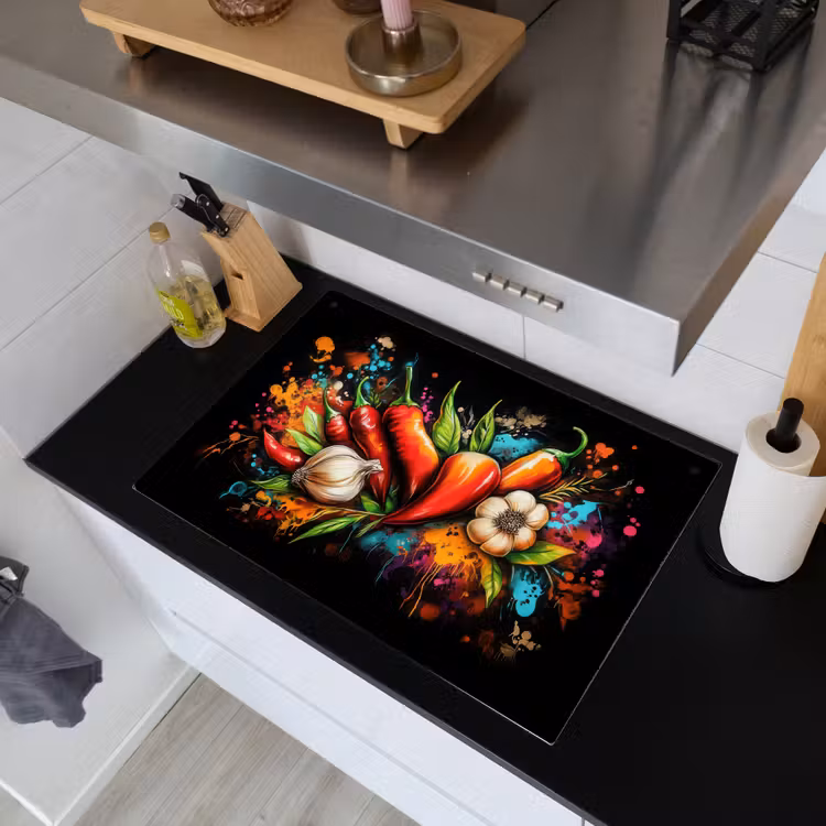 Groente - Peper - Knoflook - Graffiti - Verf - Kleurrijk Inductie beschemer met haakjes klein -sfeer1