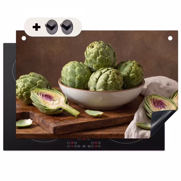 Induction Hob Cover & Splashback (2-in-1) - Vegetables - Artichoke - Kitchen - Groenten - Artisjok - Keuken Inductie beschemer met haakjes klein