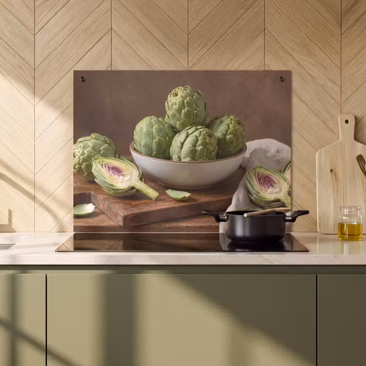 Induction Hob Cover & Splashback (2-in-1) - Vegetables - Artichoke - Kitchen - Groenten - Artisjok - Keuken Inductie beschemer met haakjes klein