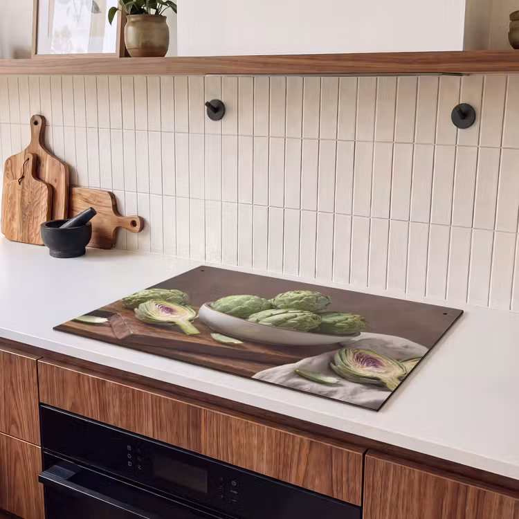 Induction Hob Cover & Splashback (2-in-1) - Vegetables - Artichoke - Kitchen - Groenten - Artisjok - Keuken Inductie beschemer met haakjes klein