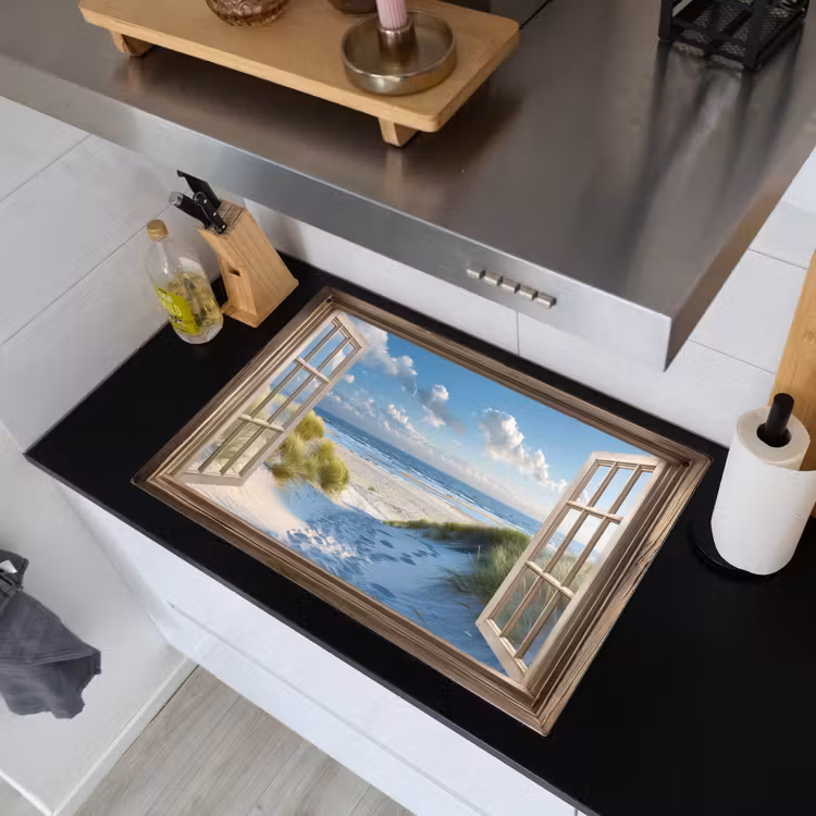 Doorkijk - Strand - Raam - Duinen - Zee Inductie beschemer met haakjes klein -sfeer1