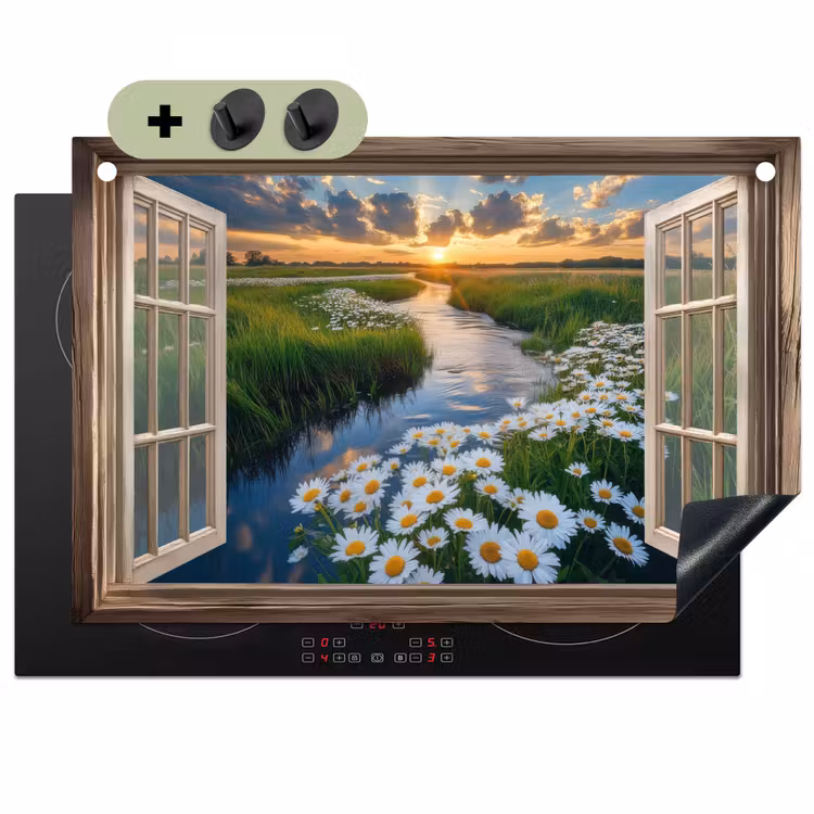 Doorkijk - Landschap - Raam - Water - Zonsondergang Inductie beschemer met haakjes klein -3d