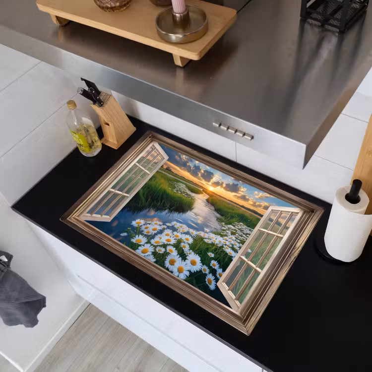 Doorkijk - Landschap - Raam - Water - Zonsondergang Inductie beschemer met haakjes klein -sfeer1