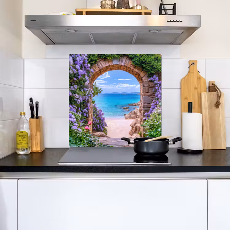 Doorkijk - Poort - Zee - Strand - Rotsen Inductie beschemer met haakjes middel -sfeer2