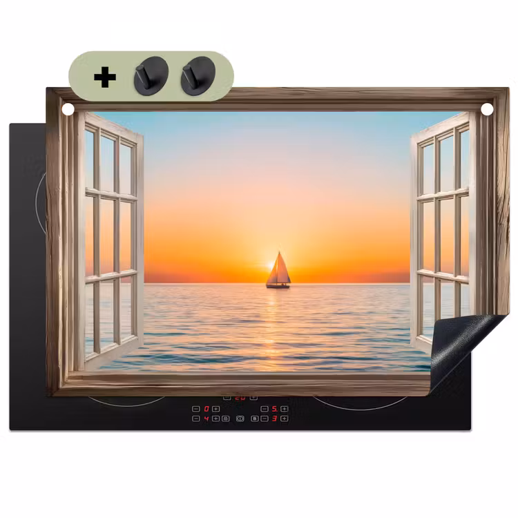 Doorkijk - Zee - Boot - Zonsondergang Inductie beschemer met haakjes klein -3d