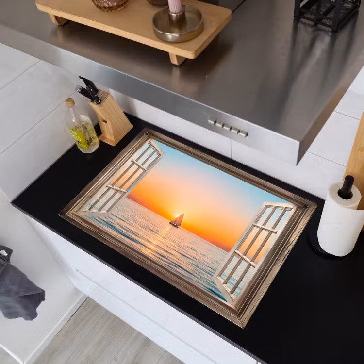 Doorkijk - Zee - Boot - Zonsondergang Inductie beschemer met haakjes klein -sfeer1