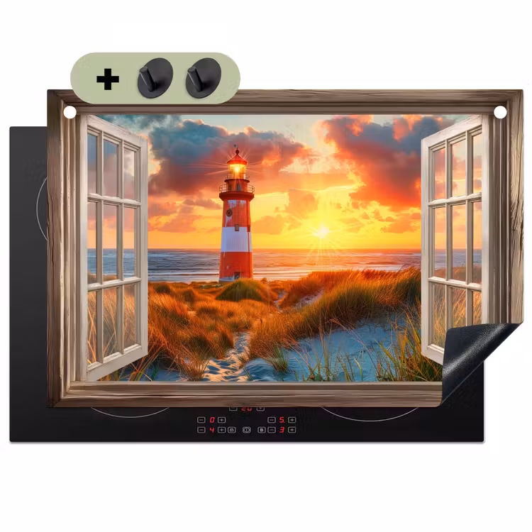 Doorkijk - Raam - Vuurtoren - Zonsondergang - Strand Inductie beschemer met haakjes klein -3d