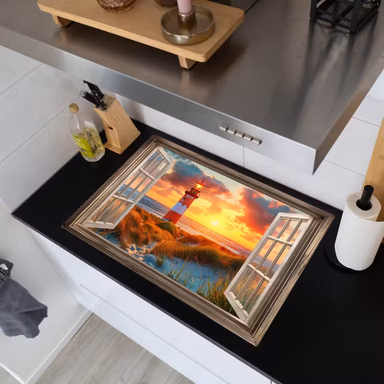 Doorkijk - Raam - Vuurtoren - Zonsondergang - Strand Inductie beschemer met haakjes klein -sfeer1