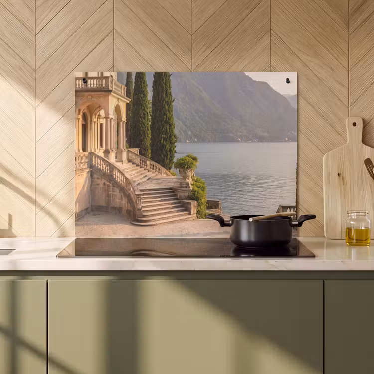 Induction Hob Cover & Splashback (2-in-1) - Villa - Water - Stairs - Villa - water -trappen Inductie beschemer met haakjes klein
