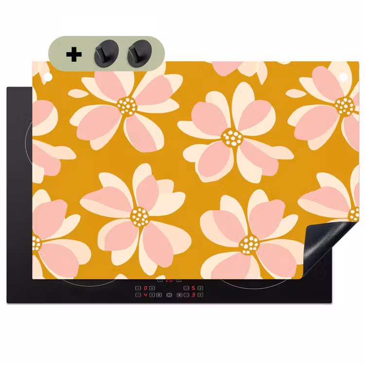 Vintage - Bloemen - Okergeel Inductie beschemer met haakjes klein 777 -3d
