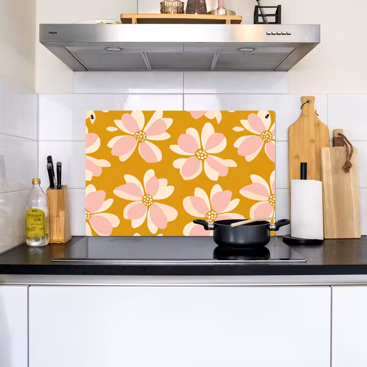 Vintage - Bloemen - Okergeel Inductie beschemer met haakjes klein 777 -sfeer2