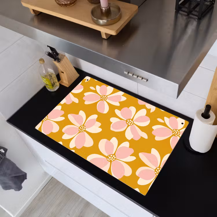 Vintage - Bloemen - Okergeel Inductie beschemer met haakjes klein 777 -sfeer1