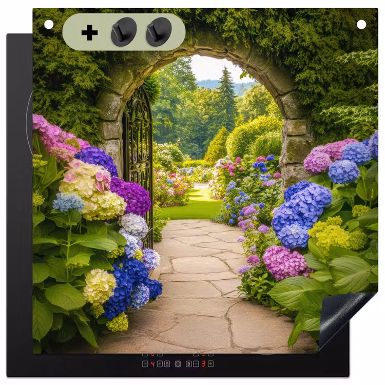 Doorkijk - Poort - Hortensia - Bloementuin Inductie beschemer met haakjes middel -3d