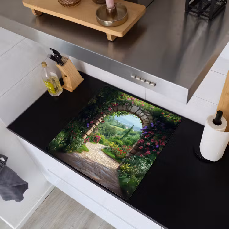 Doorkijk - Landschap - Bloemen - Pad - Uitzicht Inductie beschemer met haakjes middel -sfeer1