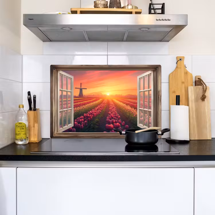 Doorkijk - Tulpen - Zonsondergang - Bloemen - Kleurrijk Inductie beschemer met haakjes klein -sfeer2