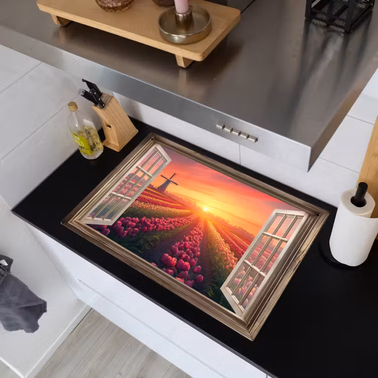 Doorkijk - Tulpen - Zonsondergang - Bloemen - Kleurrijk Inductie beschemer met haakjes klein -sfeer1