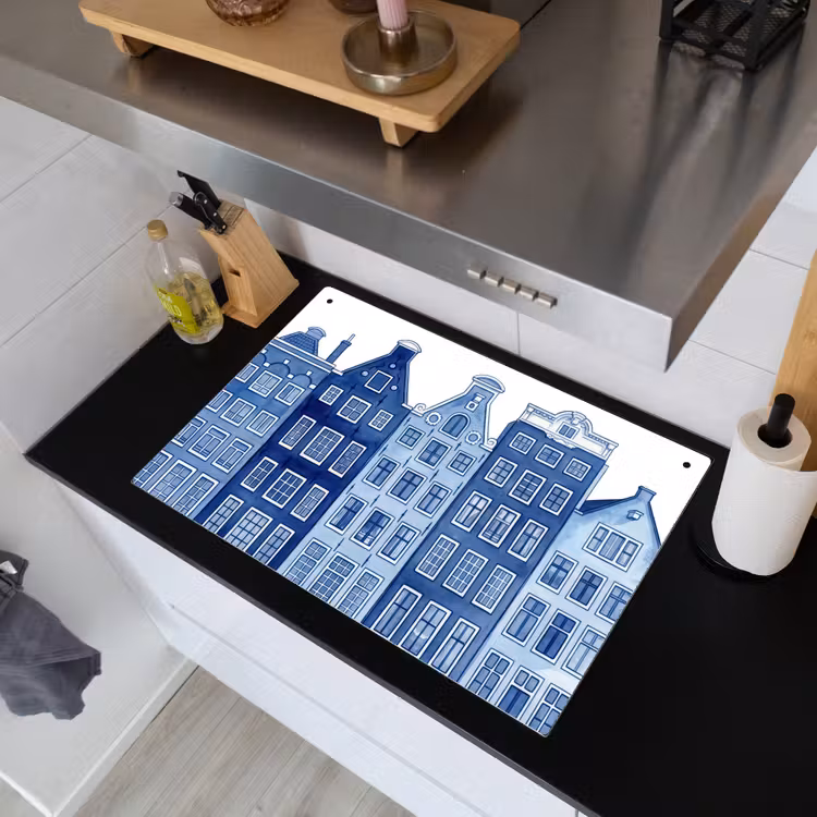 Aquarel - Grachtenpanden - Delfts - Blauw Inductie beschemer met haakjes klein -sfeer1