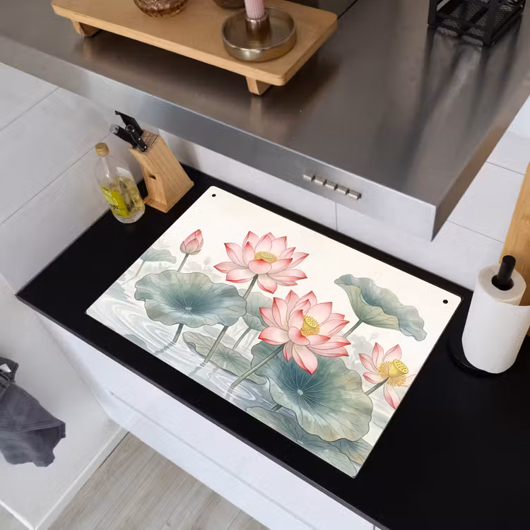 Aquarel - Lotusbloemen - Kleurrijk Inductie beschemer met haakjes klein -sfeer1