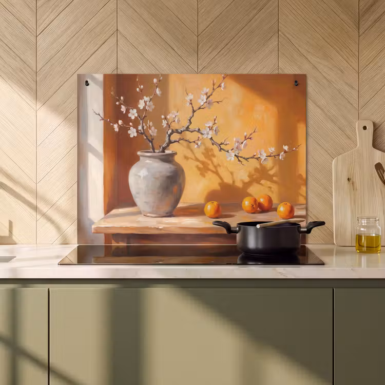 Induction Hob Cover & Splashback (2-in-1) - White Flowers - Still Life - Witte bloemen - Stilleven Inductie beschemer met haakjes klein